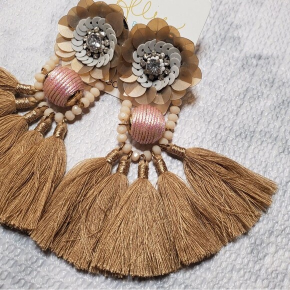 Allie Beads Brown Beaded Sequin Tassel Fringe Statement Earrings Boho NEW NWT - Picture 2 of 5